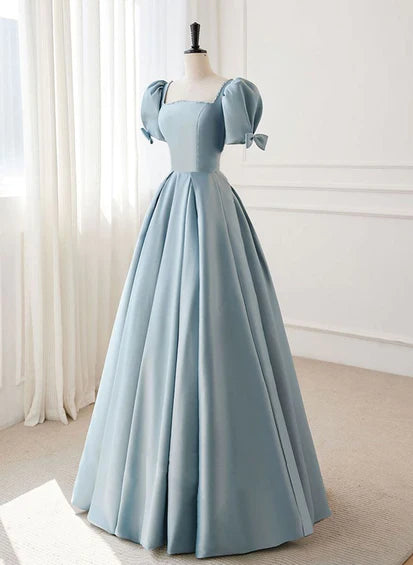 A-line Blue Satin Short Sleevs Long Formal Dress